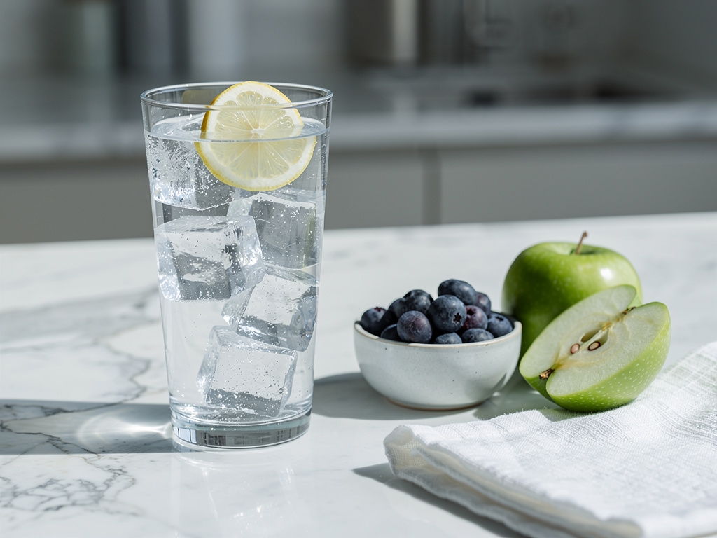 Vaso de agua fresca junto a frutas, hidratación durante actividad física